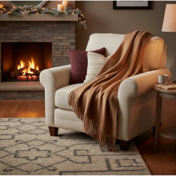 ARTZNL 100% Baby Alpaca Throw Blanket Camel Brown Large 71x51 Soft Lightweight - Picture 2 of 10